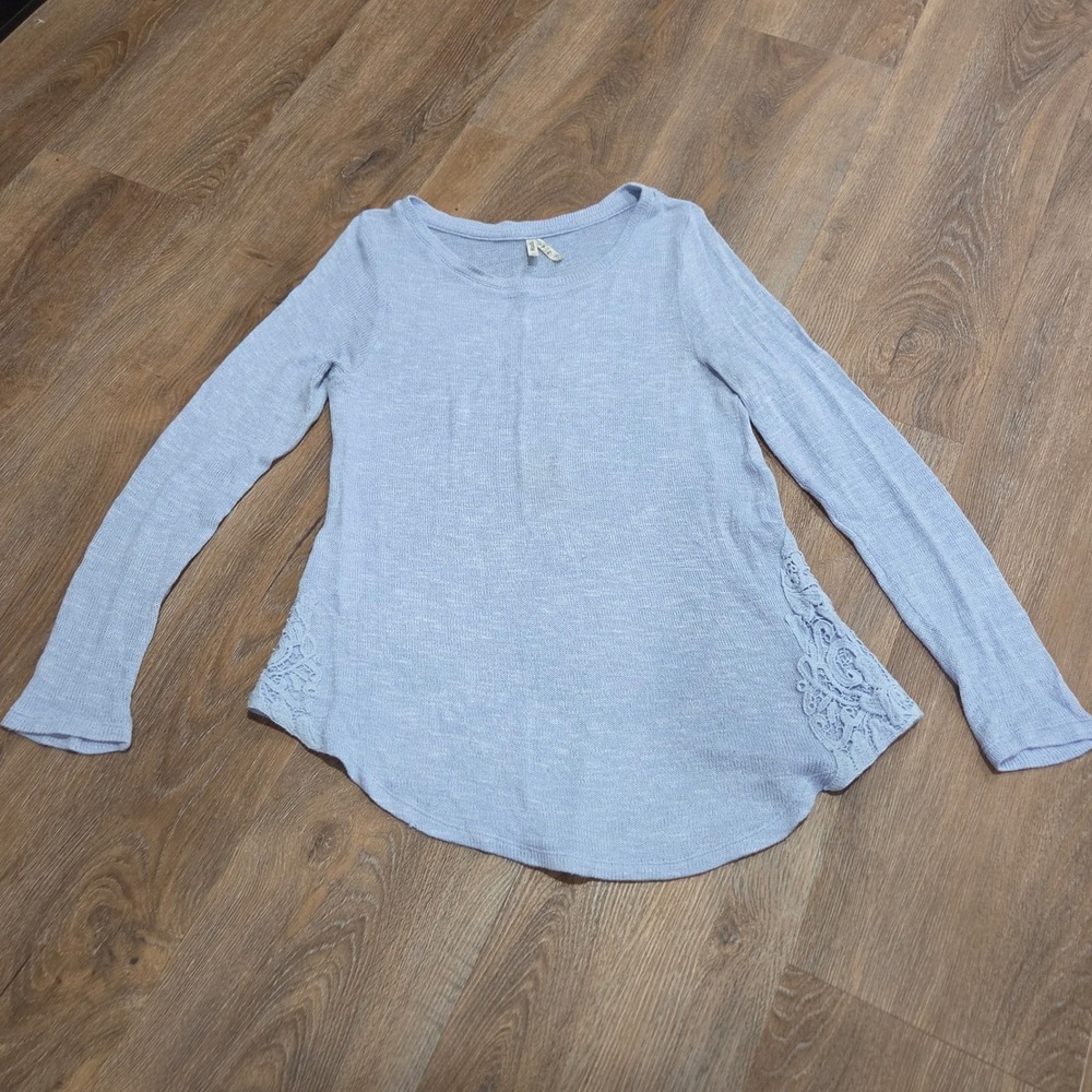 Mudd Womens Light Blue Lace Crochet Hem Long Sleeve Knit Top Size M Boho